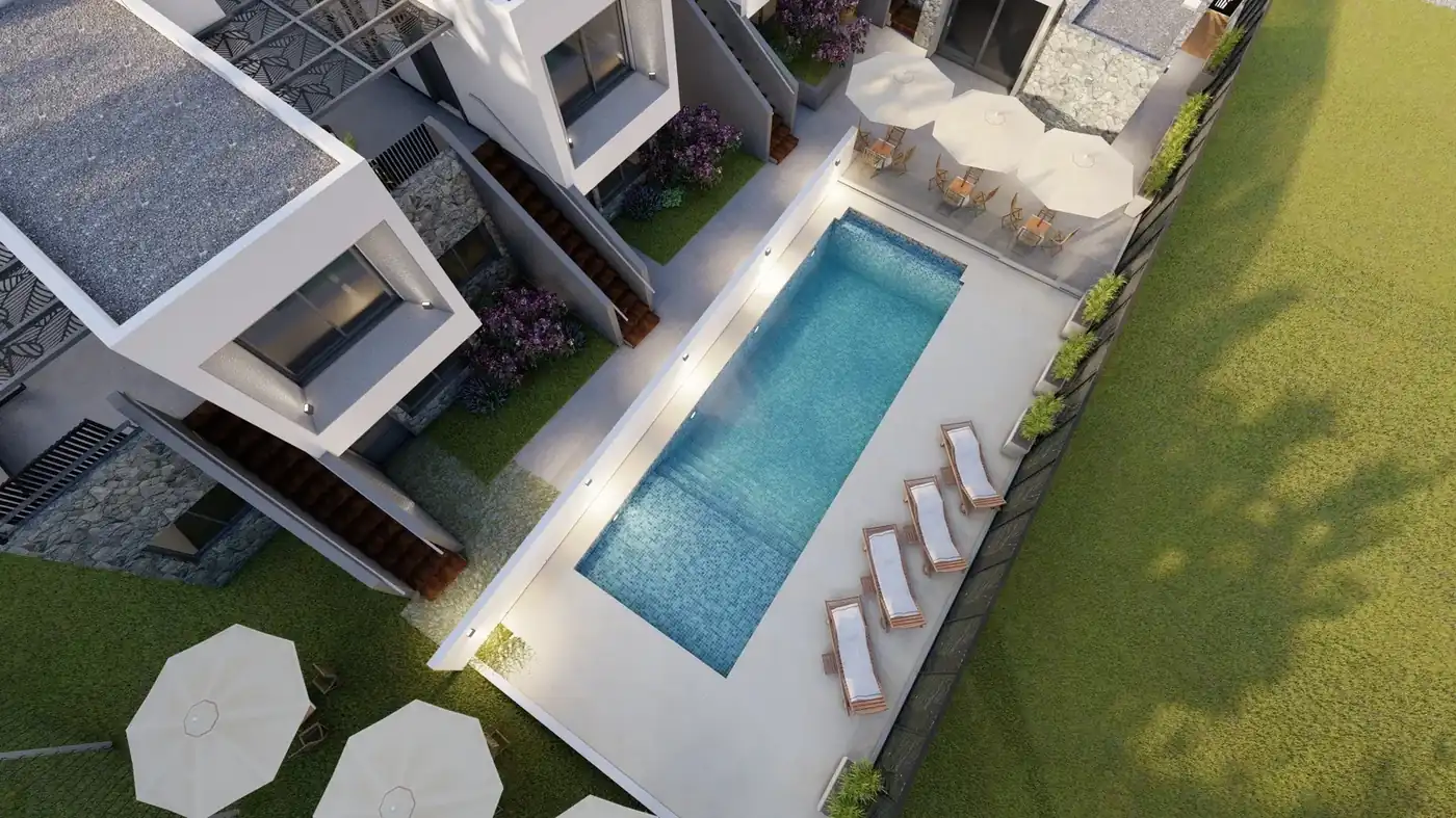 Apart de la Villa · piscina y terrazas